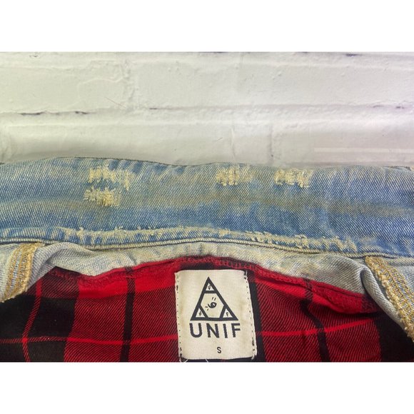 UNIF Womens Small Denim Jean Button Up Front Vest Distressed Destroyed Patches - Picture 4 of 12